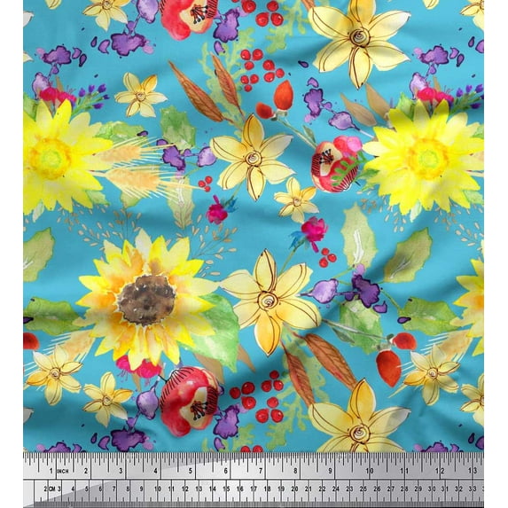 Soimoi Cotton Jersey Fabric Leaves & Sunflower Watercolor Print Fabric by Yard 58 Inch Wide