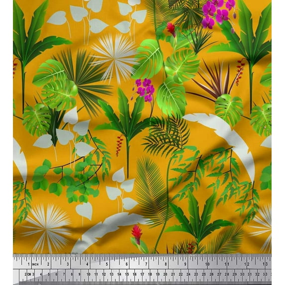 Soimoi Cotton Jersey Fabric Orchid,Palm & Monstera Tropical Print Fabric by The Yard 58 Inch Wide