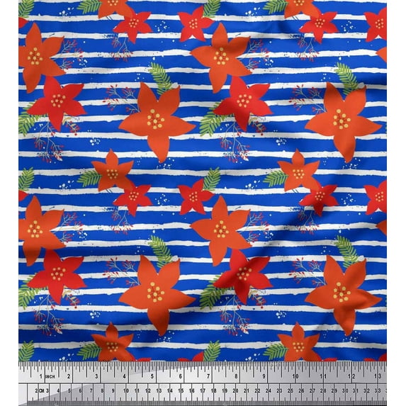 Soimoi Cotton Jersey Fabric Stripe,Leaves & Camellias Floral Print Fabric by the Yard 58 Inch Wide