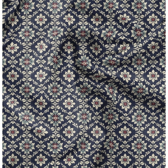 Soimoi Cotton Poplin Blue Fabric By the Yard - 42 Inch Wide - Floral Damask Pattern Textile - Graceful and Whimsical Designs for Apparel and Crafts Printed Fabric