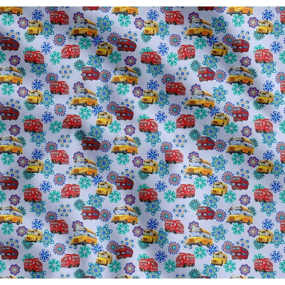Soimoi Cotton Poplin Fabric Artistic Floral & School Bus Kids Print Fabric by The Yard 56 Inch Wide