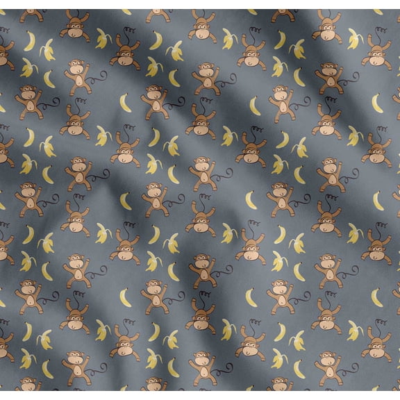Soimoi Cotton Poplin Fabric Banana & Monkey Kids Decor Fabric Printed Yard 42 Inch Wide
