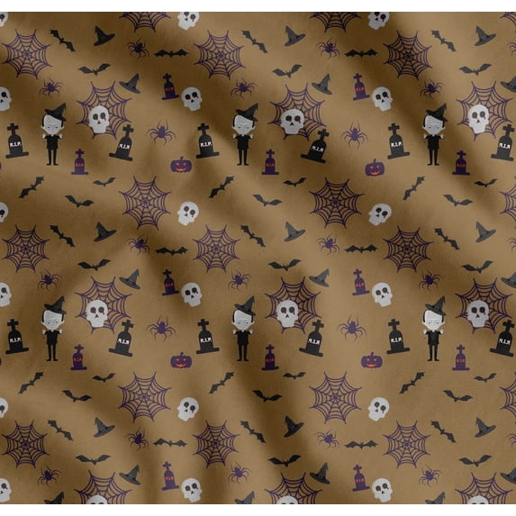 Soimoi Cotton Poplin Fabric Bat,Skull & Witch Halloween Printed Fabric 1 Yard 56 Inch Wide