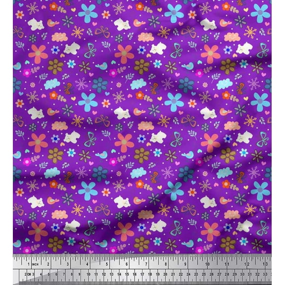 Soimoi Cotton Poplin Fabric Bear,Bird & Floral Clip Art Print Fabric by Yard 42 Inch Wide
