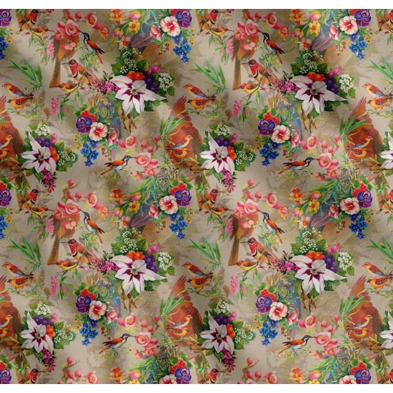 Soimoi Cotton Poplin Fabric Birds,Leaves & Lily Floral Printed Fabric 1 Yard 42 Inch Wide