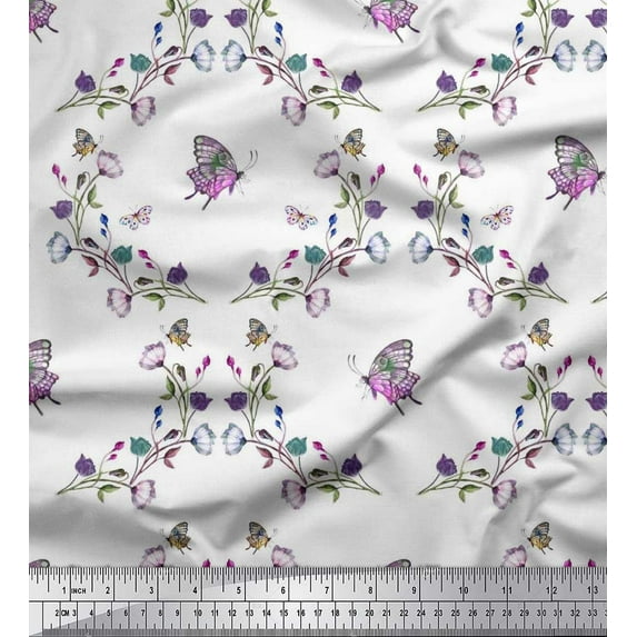 Soimoi Cotton Poplin Fabric Butterfly & Wildflower Floral Print Sewing Fabric Yard 42 Inch Wide