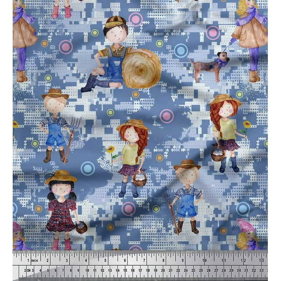 Soimoi Cotton Poplin Fabric Circle,Farm Boy & Girl Kids Decor Fabric Printed Yard 42 Inch Wide