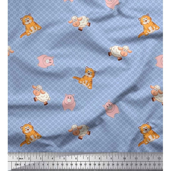 Soimoi Cotton Poplin Fabric Circle,Pig & Sheep Kids Printed Fabric 1 Yard 56 Inch Wide