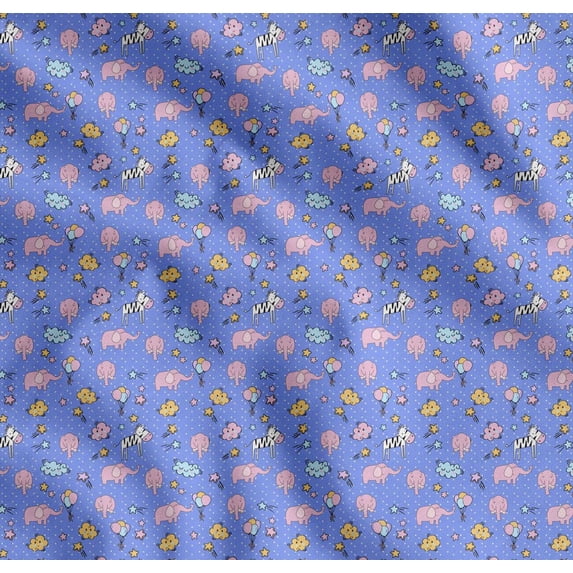 Soimoi Cotton Poplin Fabric Cloud,Star & Cute Elephant Kids Print Fabric by Yard 56 Inch Wide