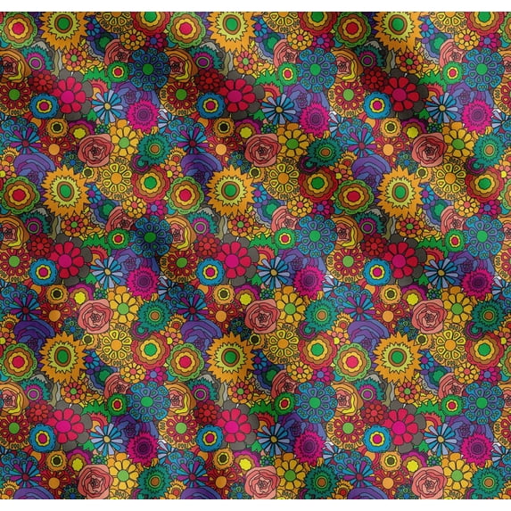 Soimoi Cotton Poplin Fabric Colorful Flowers Clip Art Decor Fabric Printed Yard 56 Inch Wide