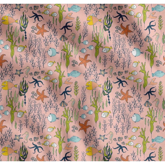 Soimoi Cotton Poplin Fabric Coral,Strafish & Sea Horse Ocean Print Sewing Fabric Yard 56 Inch Wide