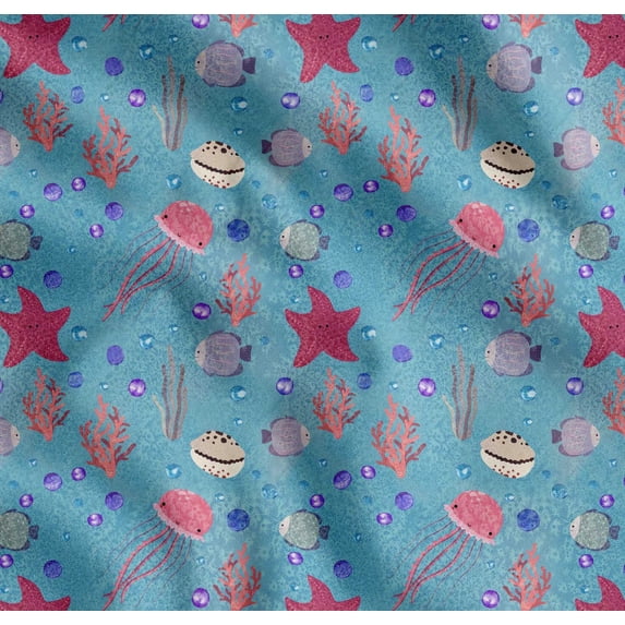 Soimoi Cotton Poplin Fabric Fish,Coral & Jellyfish Ocean Print Fabric by the Yard 42 Inch Wide