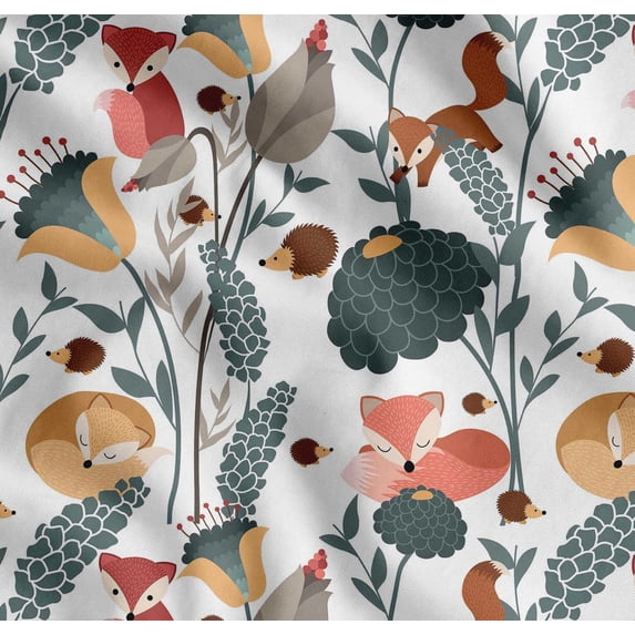Soimoi Cotton Poplin Fabric Floral,Porcupine & Fox Cartoon Print Fabric by the Yard 42 Inch Wide