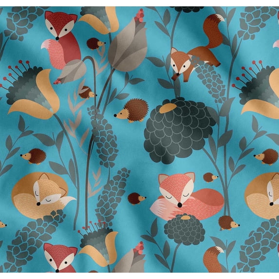 Soimoi Cotton Poplin Fabric Floral,Porcupine & Fox Cartoon Print Sewing Fabric Yard 42 Inch Wide