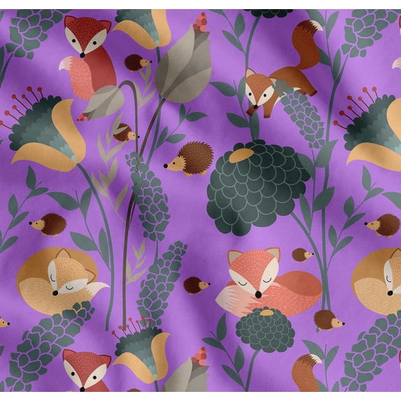 Soimoi Cotton Poplin Fabric Floral,Porcupine & Fox Cartoon Printed Craft Fabric by the Yard 56 Inch Wide