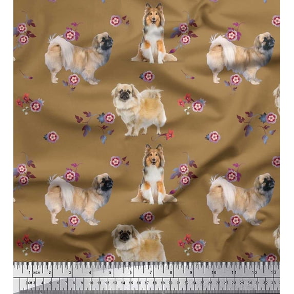 Soimoi Cotton Poplin Fabric Floral,Sheltie & Pekingese Dog Print Fabric by Yard 42 Inch Wide