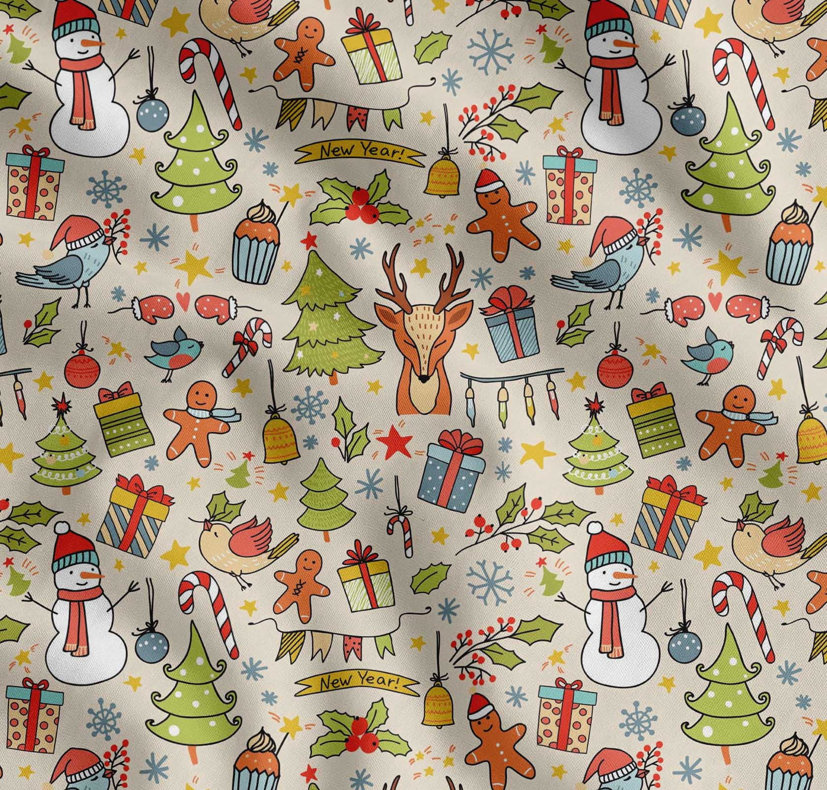 Soimoi Cotton Poplin Fabric Gift Box,Snowman & Tree Christmas Printed Fabric 1 Yard 42 Inch Wide