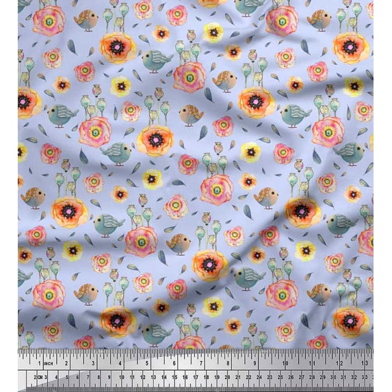 Soimoi Cotton Poplin Fabric Leaves,Bird & Anemone Floral Fabric Prints by Yard 42 Inch Wide