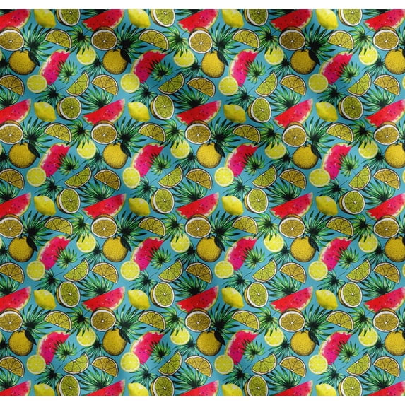 Soimoi Cotton Poplin Fabric Leaves,Lemon Slice & Watermelon Fruits Print Fabric by Yard 56 Inch Wide