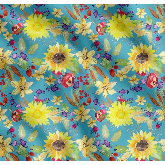 Soimoi Cotton Poplin Fabric Leaves & Sunflower Watercolor Decor Fabric Printed Yard 56 Inch Wide