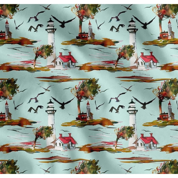 Soimoi Cotton Poplin Fabric Lighthouse,Bird & Tree Nature Decor Fabric Printed Yard 56 Inch Wide