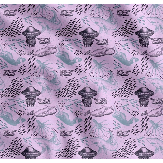 Soimoi Cotton Poplin Fabric Octopus,Whale & Jellyfish Ocean Print Fabric by Yard 42 Inch Wide