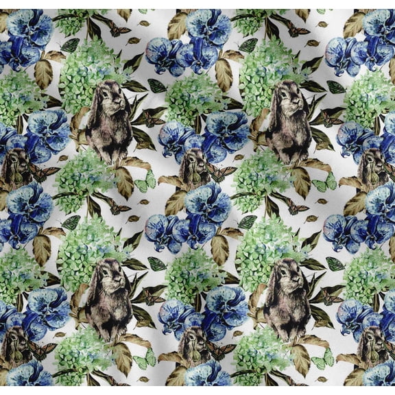 Soimoi Cotton Poplin Fabric Rabbit,Lilac & Pansy Floral Printed Fabric 1 Yard 56 Inch Wide