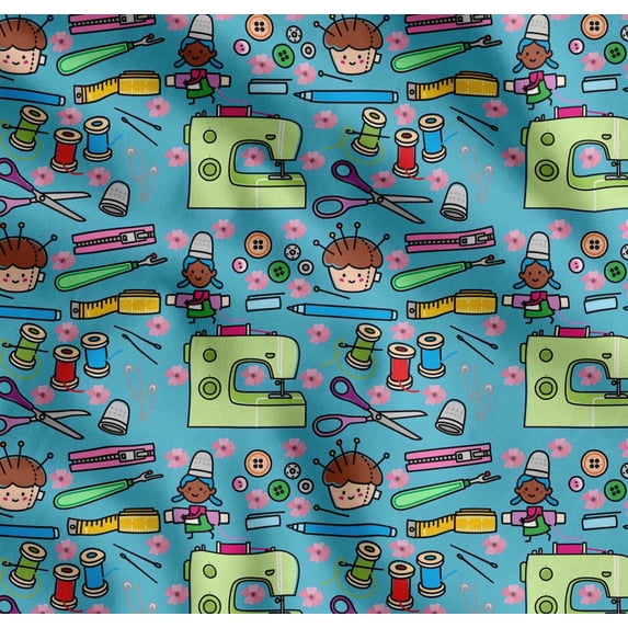 Soimoi Cotton Poplin Fabric Scissor,Buttons & Machine Sewing Print Fabric by The Yard 56 Inch Wide