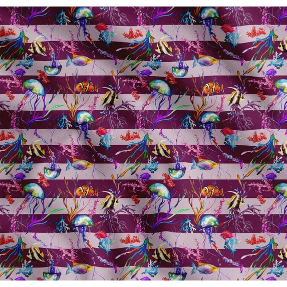 Soimoi Cotton Poplin Fabric Stripe,Coral & Jellyfish Ocean Printed Craft Fabric by The Yard 56 Inch Wide