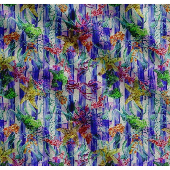 Soimoi Cotton Poplin Fabric Stripe,Coral,Starfish Ocean Print Sewing Fabric Yard 56 Inch Wide