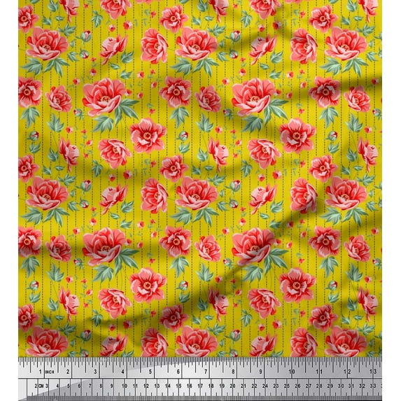 Soimoi Cotton Poplin Fabric Stripe,Leaves & Peony Floral Decor Fabric Printed Yard 42 Inch Wide