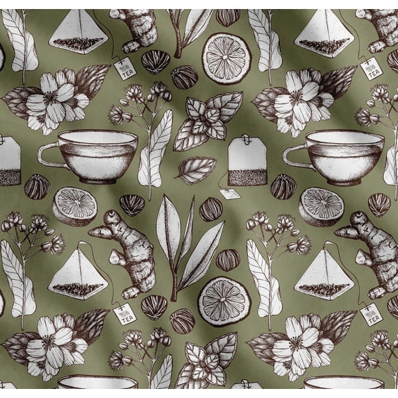 Soimoi Cotton Poplin Fabric Tea Cup,Lemon Slice & Ginger Vegetable Print Fabric by Yard 42 Inch Wide