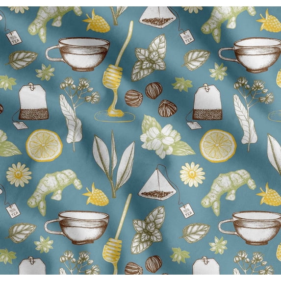Soimoi Cotton Poplin Fabric Tea Cup,Star Anise & Lemon Slice Vegetable Print Fabric by the Yard 56 Inch Wide