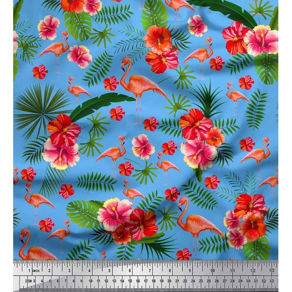 Soimoi Cotton Poplin Fabric Tropical Leaves,Floral & Flamingo Bird Print Sewing Fabric Yard 56 Inch Wide