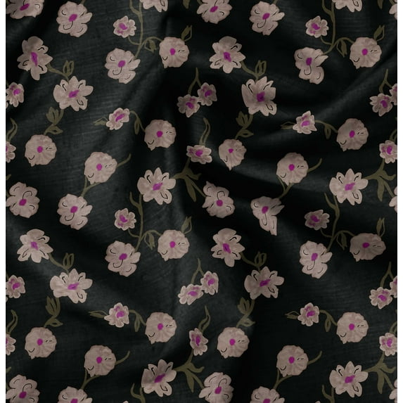 Soimoi Cotton Satin Spandex Black Fabric By the Yard - 54 Inch Wide - Leaves & Blossom Flower Floral Textile - Graceful and Botanical Patterns for Various Uses Printed Fabric