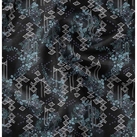 Soimoi Cotton Satin Spandex Blue Fabric By the Yard - 54 Inch Wide - Geometric Floral Textile - Contemporary and Stylish Designs for Fashion and Crafts Printed Fabric