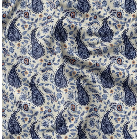 Soimoi Cotton Satin Spandex Blue Fabric By the Yard - 54 Inch Wide - Leaves Paisley Botanical Charm - Nature's Beauty Enhanced with Paisley Patterns and Leaves Printed Fabric