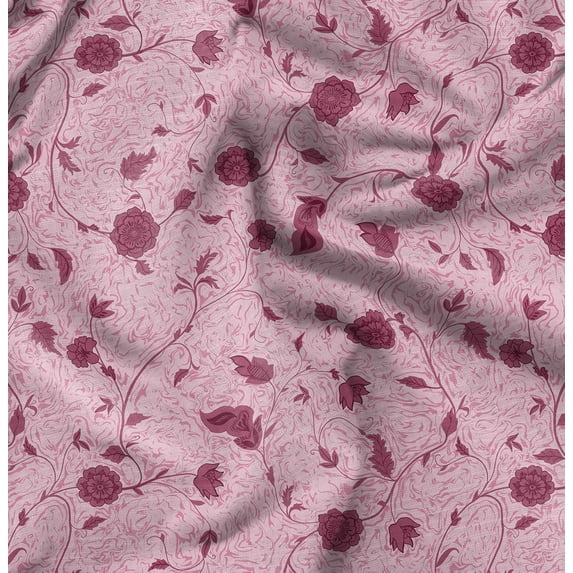 Soimoi Cotton Satin Spandex Pink Fabric By the Yard - 54 Inch Wide -Floral & Leaf Floral Pattern Fabric - Botanical and Elegant Designs for Various Uses Printed Fabric