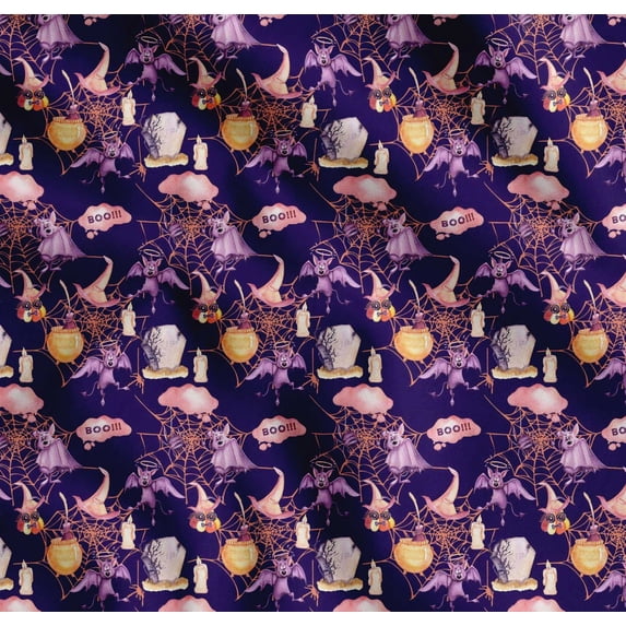 Soimoi Cotton Voile Fabric Bat,Witch Hat & Magic Potion Halloween Print Fabric by The Yard 56 Inch Wide