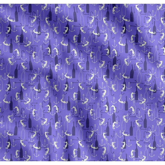 Soimoi Cotton Voile Fabric Bottle,Anchor Hook & Sea Horse Ocean Decor Fabric Printed Yard 42 Inch Wide