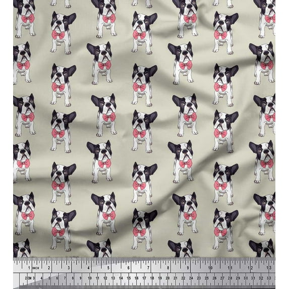Soimoi Cotton Voile Fabric Bow & Boston Terrier Dog Printed Craft Fabric by The Yard 56 Inch Wide