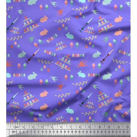 Soimoi Cotton Voile Fabric Celebration Flag,Rabbit & Egg Easter Decor Fabric Printed Yard 56 Inch Wide