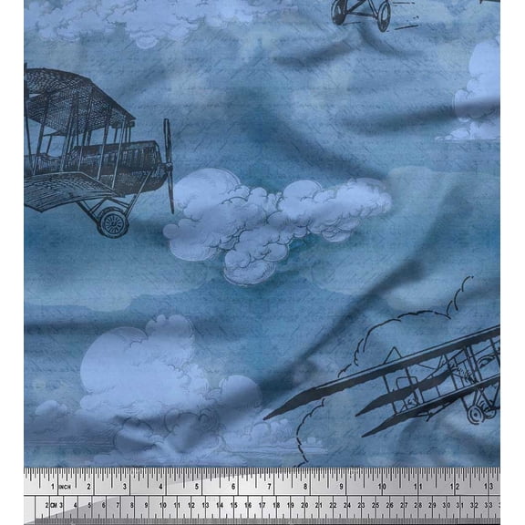 Soimoi Cotton Voile Fabric Clouds & Airplane Transport Decor Fabric Printed Yard 42 Inch Wide