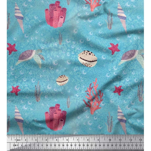 Soimoi Cotton Voile Fabric Coral,Shell & Sea Turtle Ocean Fabric Prints By Yard 42 Inch Wide