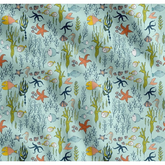 Soimoi Cotton Voile Fabric Coral,Strafish & Sea Horse Ocean Printed Fabric 1 Yard 42 Inch Wide