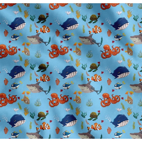 Soimoi Cotton Voile Fabric Coral,Whale & Jellyfish Ocean Printed Craft Fabric by The Yard 56 Inch Wide