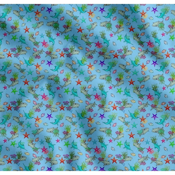 Soimoi Cotton Voile Fabric Coral,Whale & Starfish Ocean Print Fabric by Yard 56 Inch Wide