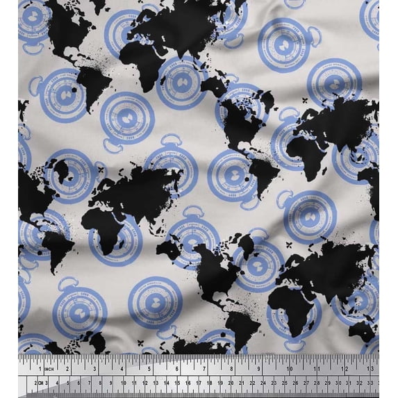 Soimoi Cotton Voile Fabric Direction Compass & World Map Print Fabric by Yard 56 Inch Wide