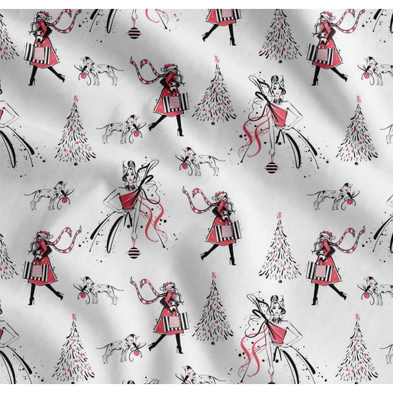 Soimoi Cotton Voile Fabric Dog,Women & Tree Christmas Print Fabric by the Yard 42 Inch Wide