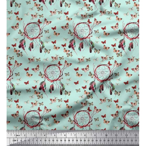 Soimoi Cotton Voile Fabric Dream Catcher & Butterfly Print Fabric by the Yard 56 Inch Wide